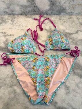 Victoria’s Secret Boho Tribal Bikini Set Teal Pink Size L Side Tie Halter